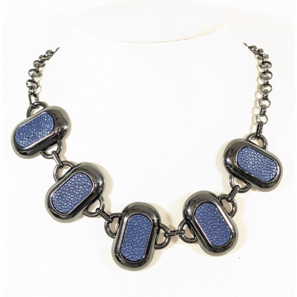 Dana Buchman Gray MEtallic Blue Pebble Inlay Oval Statement‎ Necklace 20"